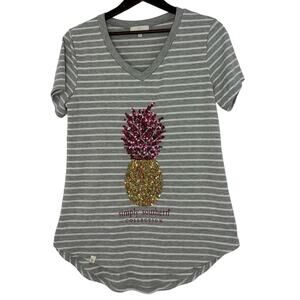 Simply Southern Sequin Pineapple T Shirt Womens L Gray Stripe Tunic Flaw